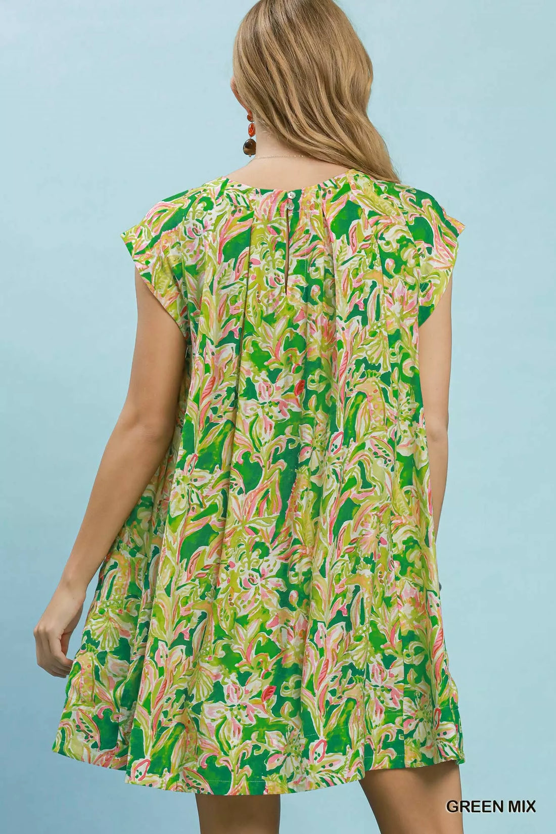 Green tropical floral swing dress, back view, flutter sleeves and round neckline