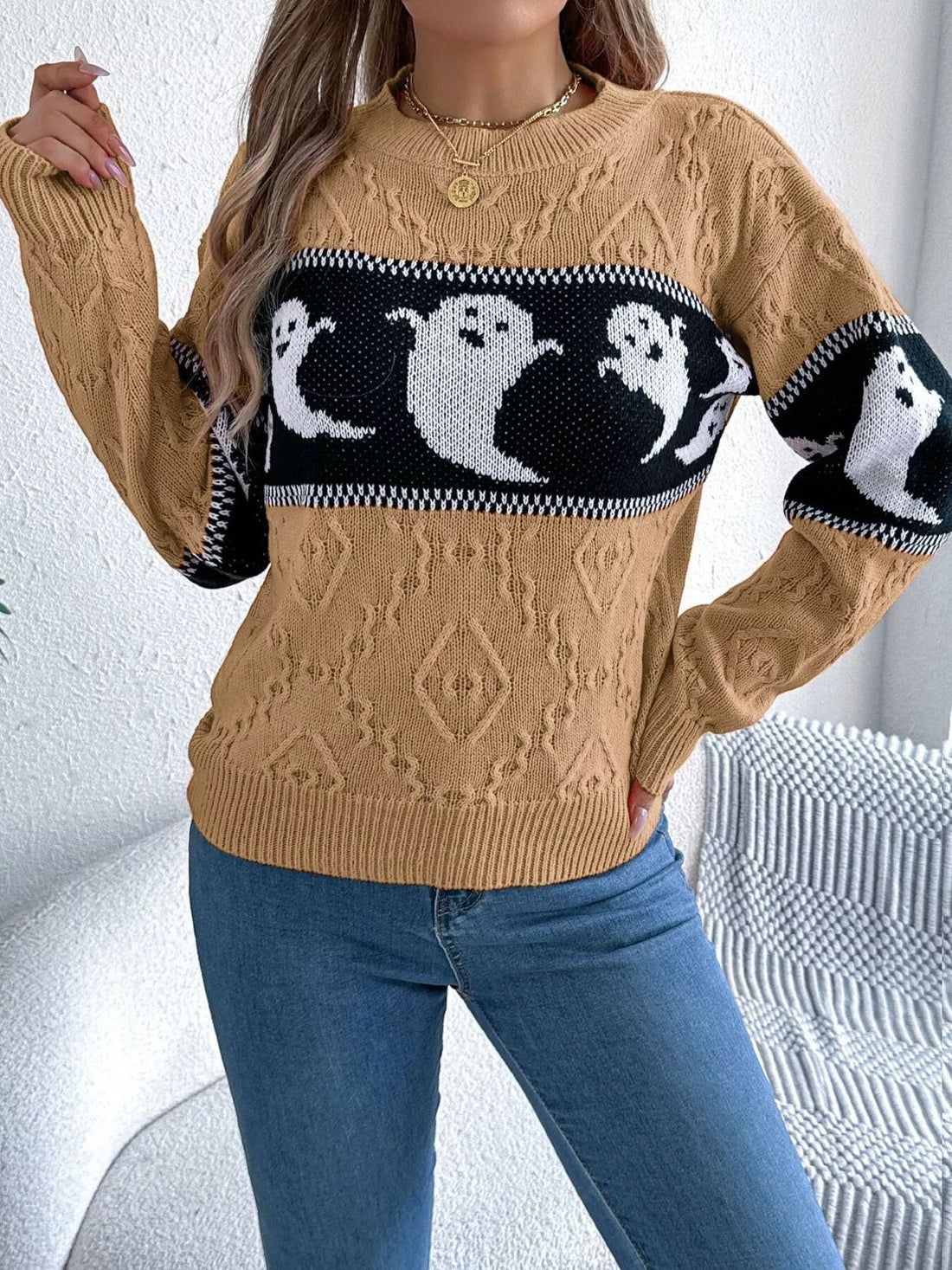 Camel crewneck ghost-pattern sweater with black-and-white band detail