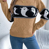 Camel crewneck ghost-pattern sweater with black-and-white band detail