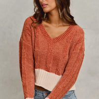 Rust cropped chenille cable-knit V-neck sweater with contrast ribbed hem and cuffs