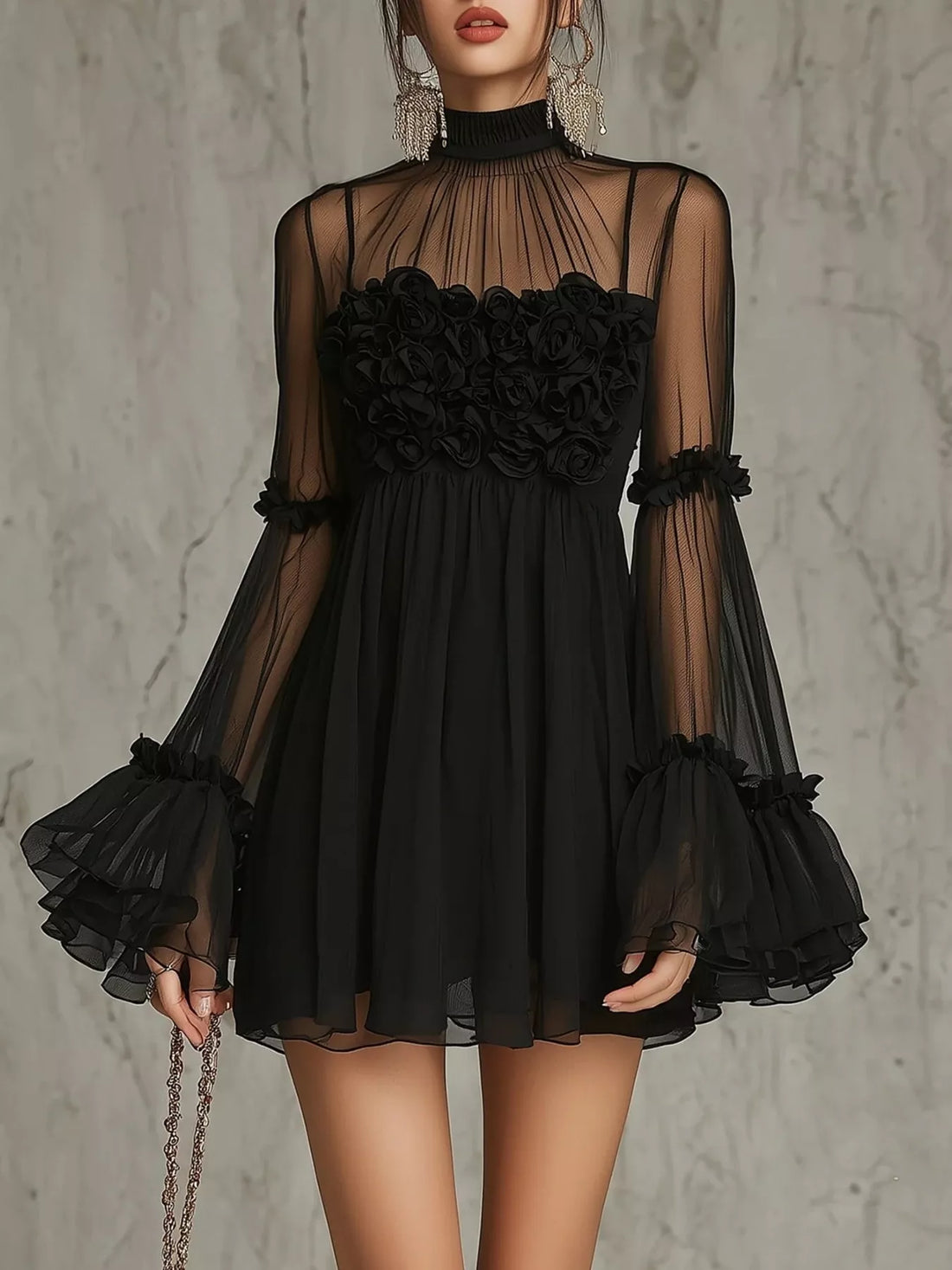 Black sheer mesh mini dress with ruffled flare sleeves and rosette bodice