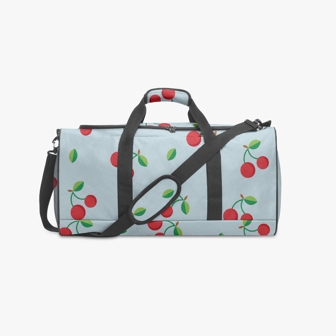 Red Cherry Print Duffle Bag Blue Canvas