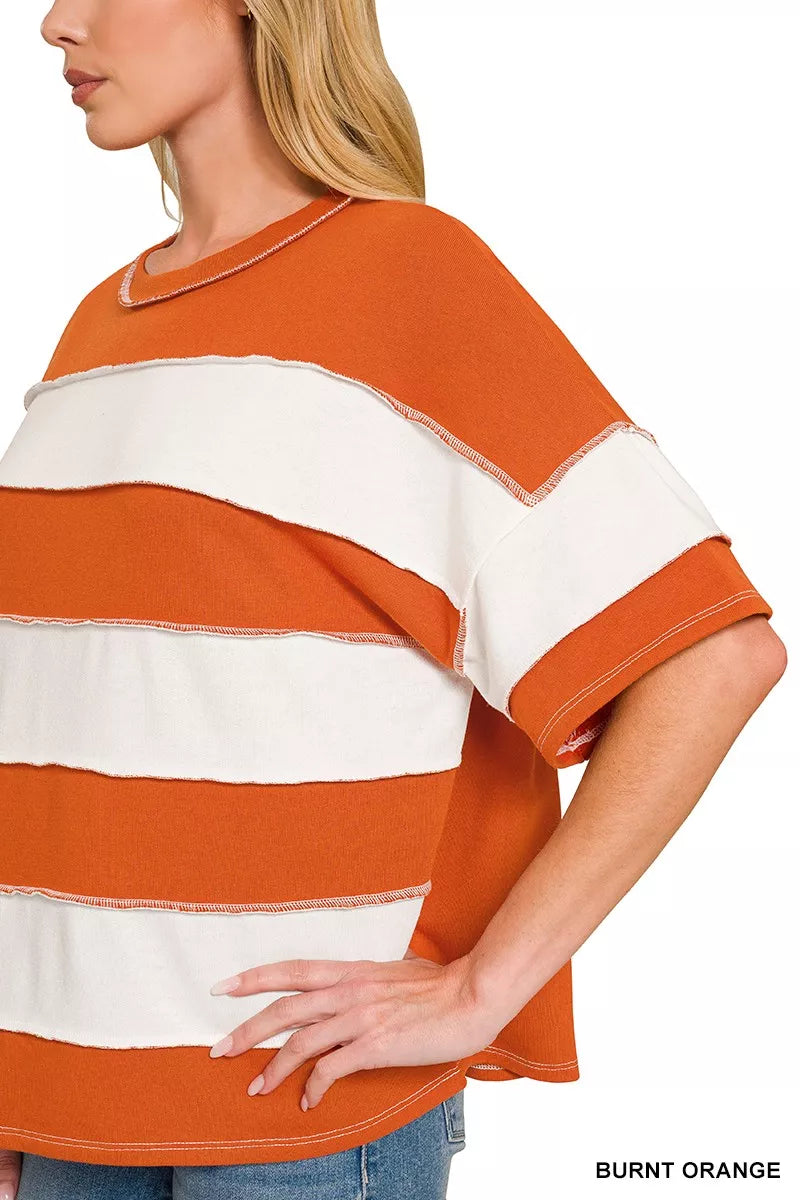 Burnt orange and white striped terry top with crew neck and short sleeves