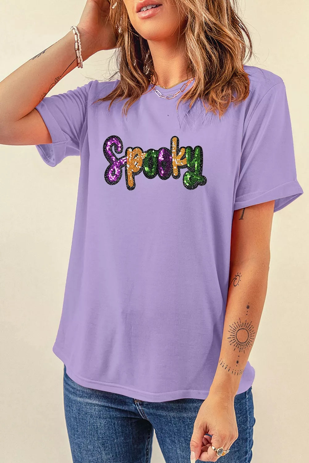 Lavender short-sleeve T-shirt with sequined &
