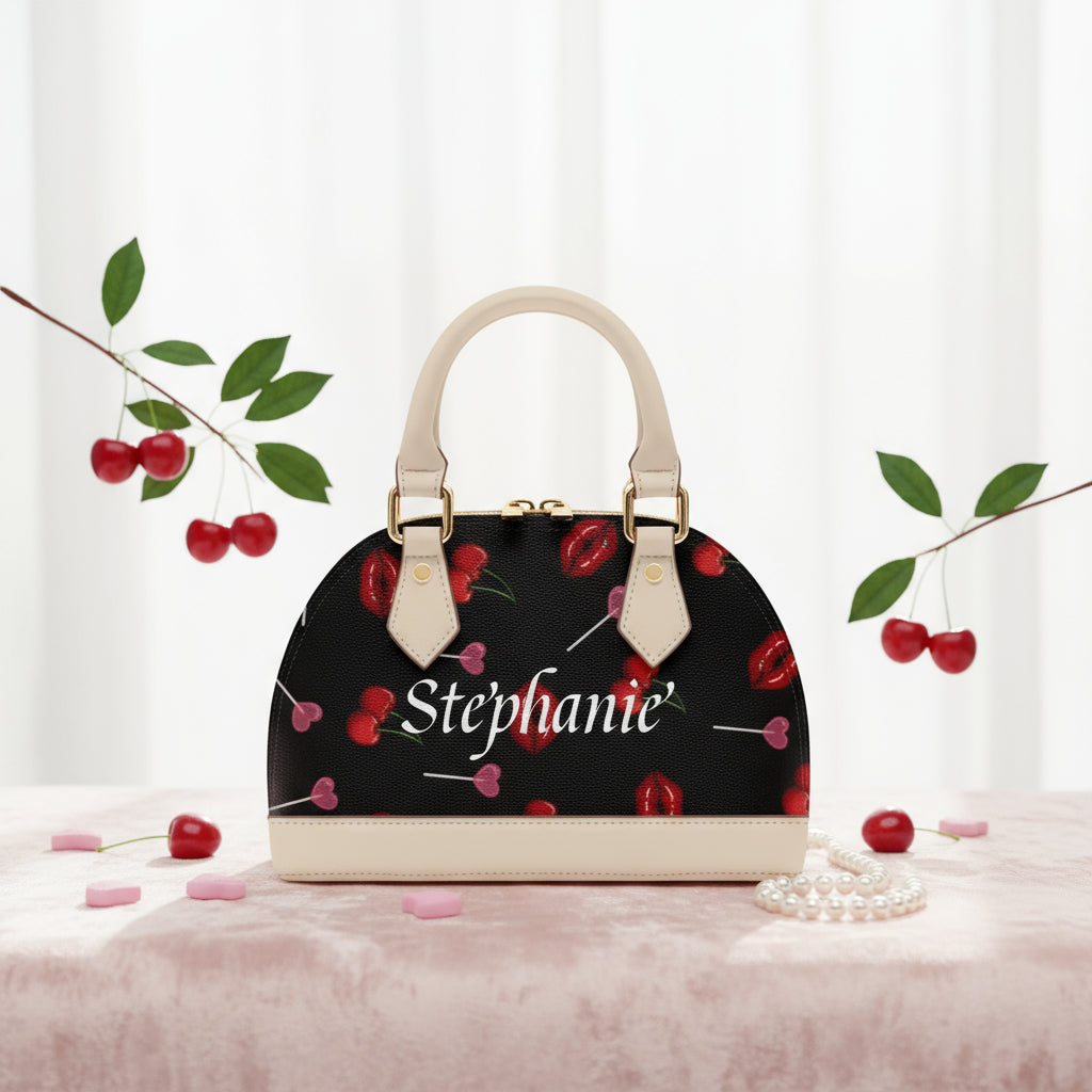 Black Everyday Crossbody Bag | Personalized Red Lips & Cherry Handbag