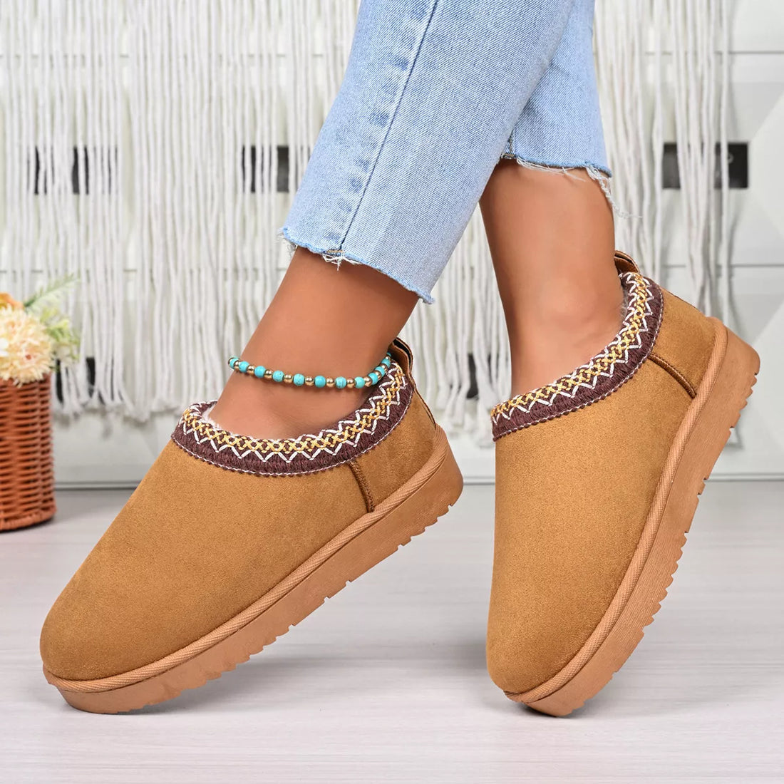 Camel platform ankle boots with beaded ankle bracelet and patterned collar