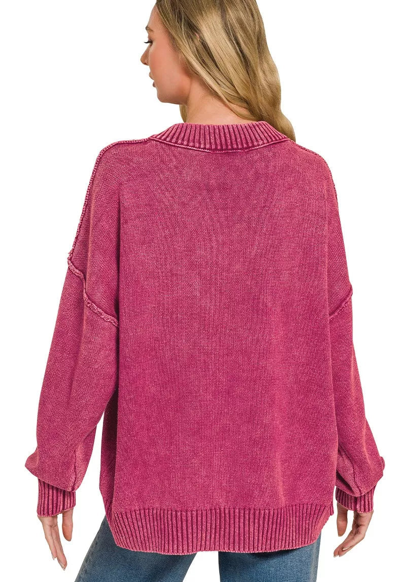 Washed deep V-neck oversized sweater in cabernet, back view with ribbed hem and cuffs