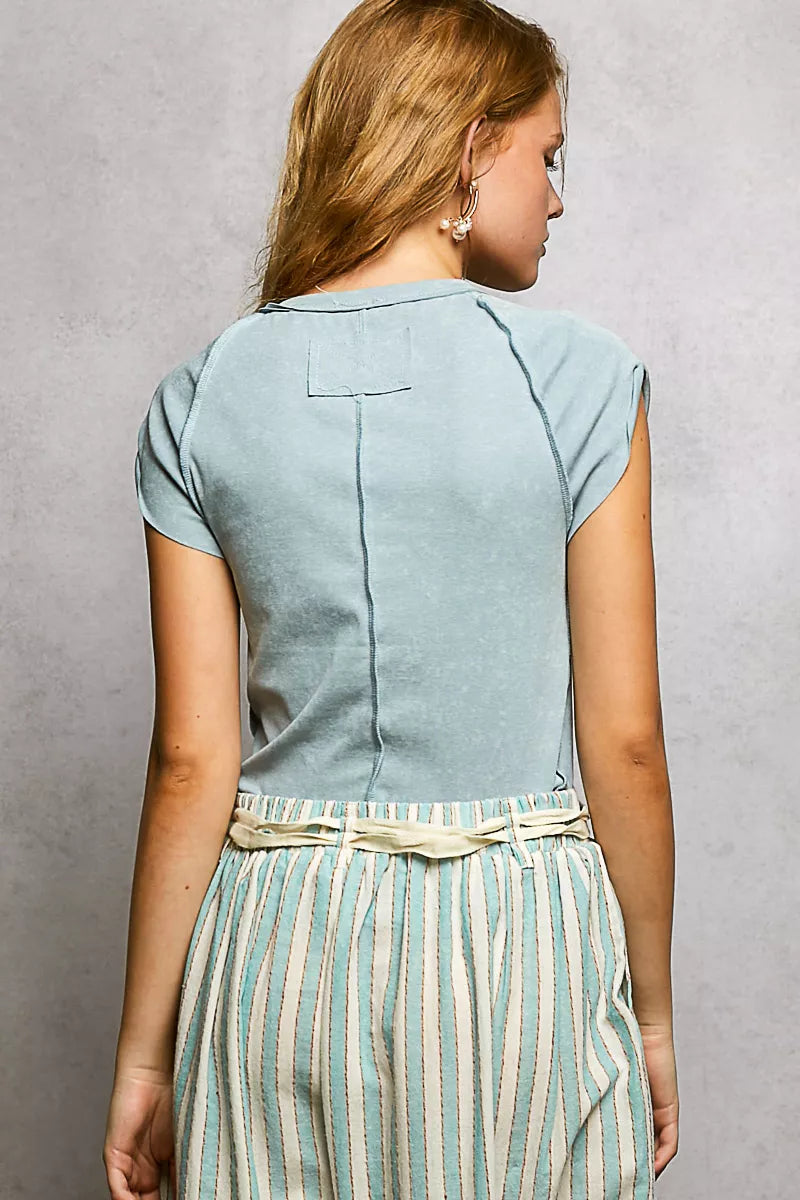 Light sky-blue V-neck short-sleeve t-shirt, back view with seam detail