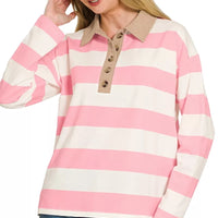 Pink-and-white striped polo top with brown contrast collar and long sleeves