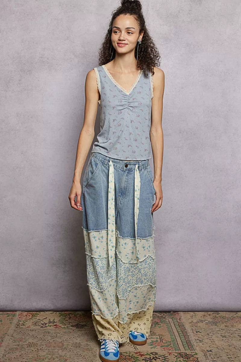 Powder blue ruched floral V-neck tank with lace-trimmed neckline, sleeveless