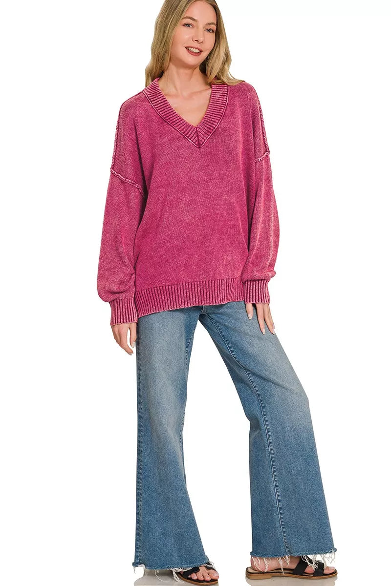 Washed deep V-neck oversized sweater in cabernet, relaxed fit with ribbed neckline