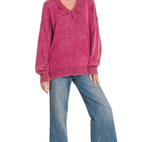Washed deep V-neck oversized sweater in cabernet, relaxed fit with ribbed neckline
