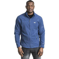 Men's blue full-zip fleece jacket modeled with a stand collar and two zip pockets