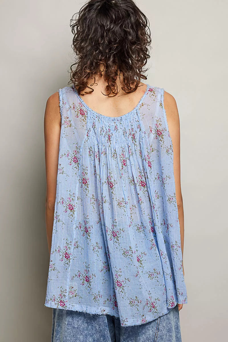 Blue floral pleated cotton sleeveless top, round neck, back view