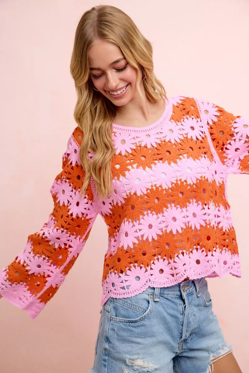 BiBi crochet flower knit top, orange and pink striped floral pattern, long sleeves