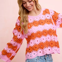 BiBi crochet flower knit top, orange and pink striped floral pattern, long sleeves
