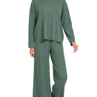 Teal-green knit sweater top and wide-leg pants set with relaxed fit
