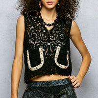 Black crochet cropped vest with button front and scalloped edge