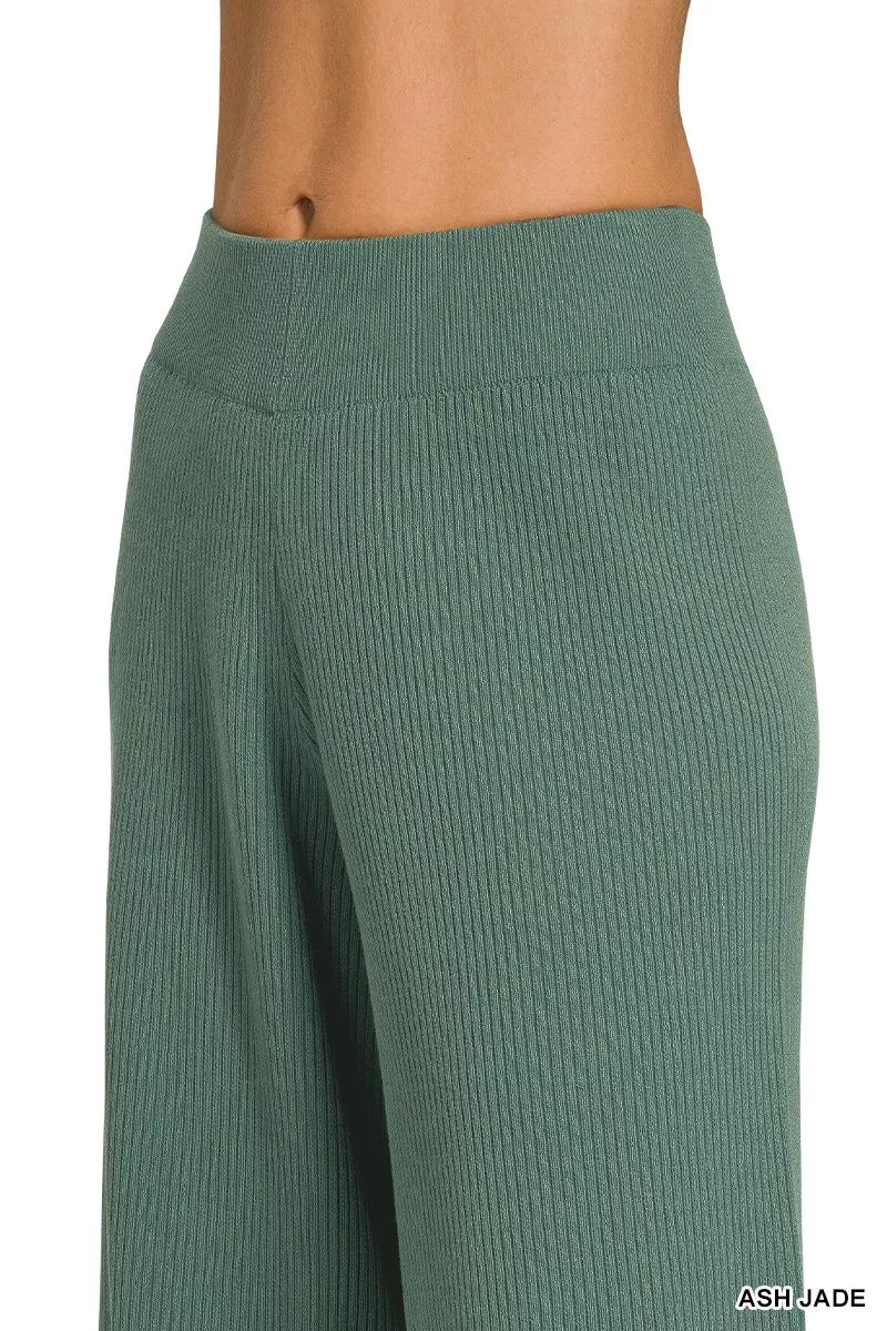 Jade green wide-leg knit pants with elastic waistband