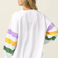 Off-white round-neck sweatshirt with sequined purple, yellow, and green striped sleeves, back