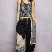 Charcoal lace-up fringe hem tank with lace trim and gathered waist detail