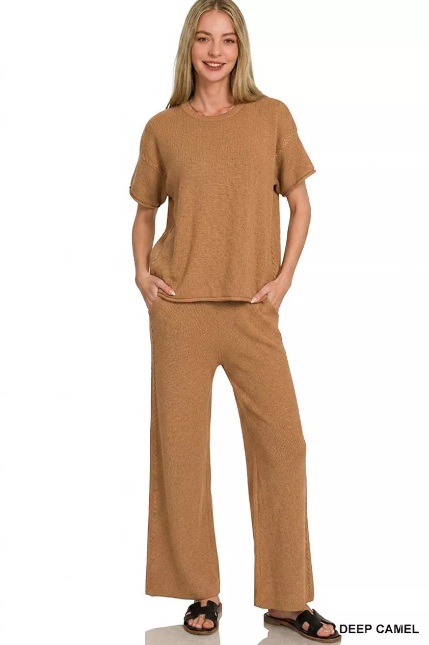 Deep camel viscose round-neck top and wide-leg pants set, short sleeves
