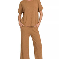 Deep camel viscose round-neck top and wide-leg pants set, short sleeves