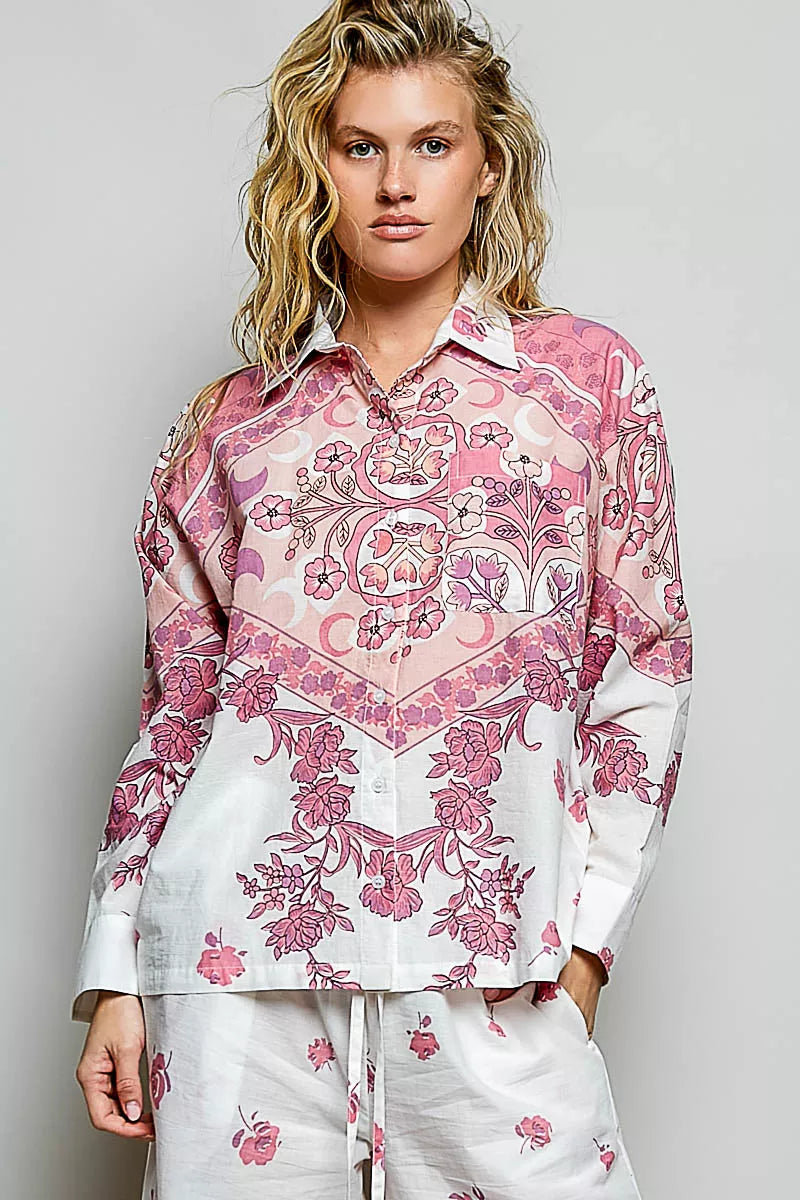 Floral button-down shirt with pink border and floral print, button front and collar on ivory