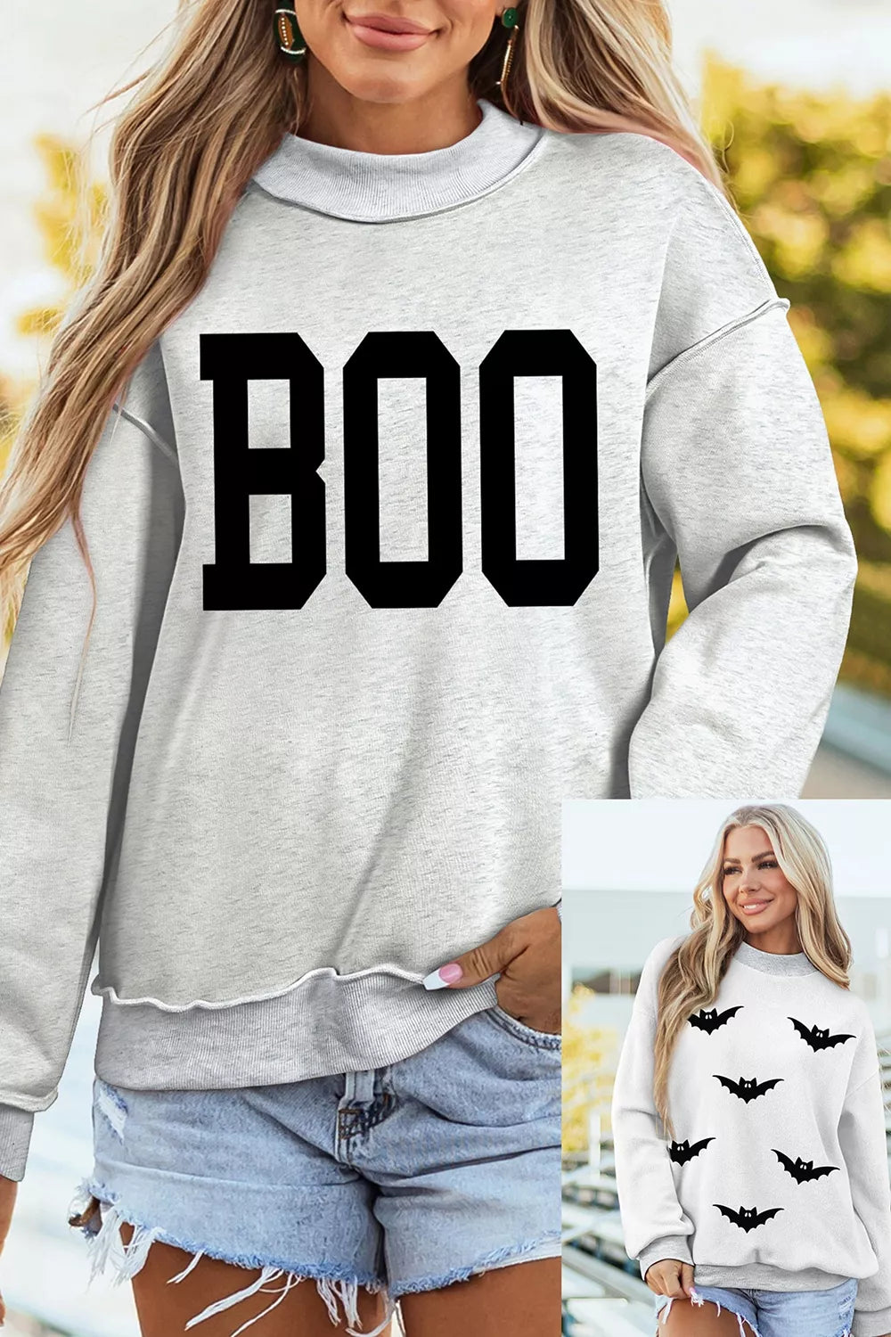Light gray reversible mock-neck sweatshirt with black “BOO” front graphic and relaxed fit