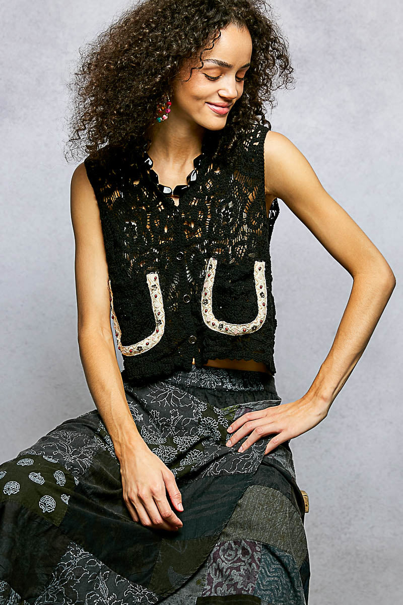 Black crochet cropped vest with scalloped neckline and button front