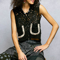 Black crochet cropped vest with scalloped neckline and button front