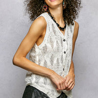 Off-white sleeveless V-neck button sweater vest with textured knit and curved hem