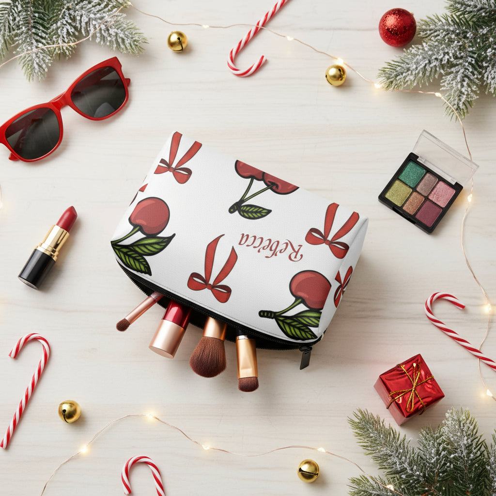 Makeup Bag Bow | Personalized White Cherry & Red Bow Cosmetic Case