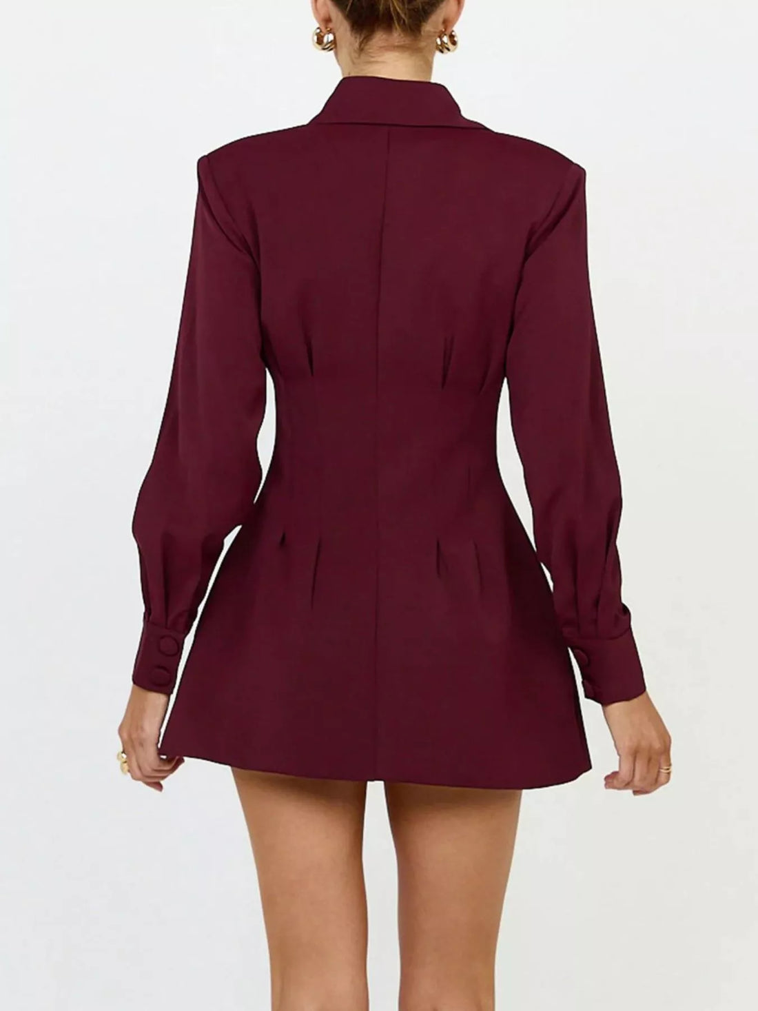 Wine red blazer dress back with structured shoulders, button details and flared hem