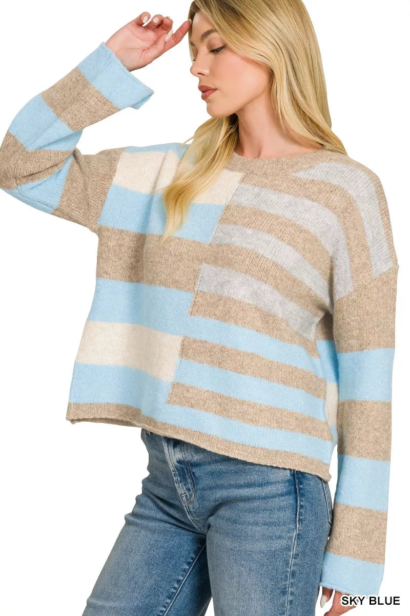 Lightweight wool-blend color block sweater with sky blue and beige stripe panels