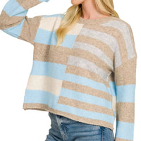 Lightweight wool-blend color block sweater with sky blue and beige stripe panels