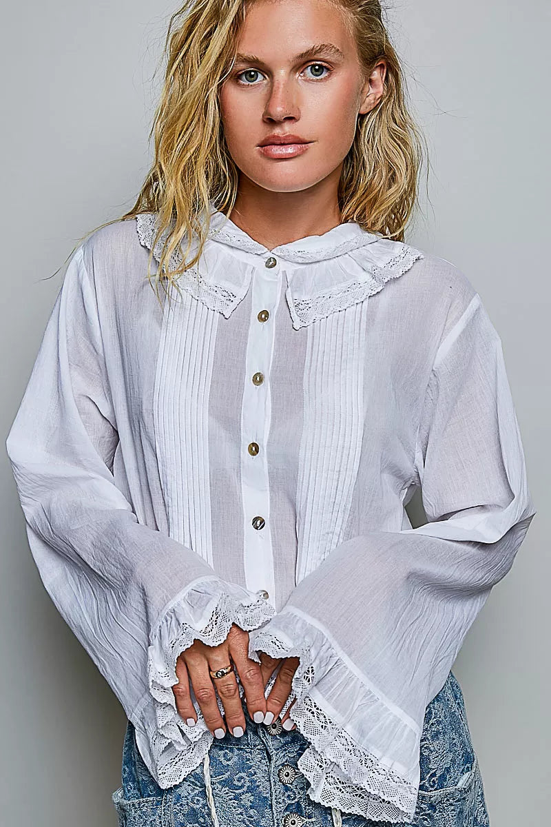 Ivory lace-trim button-down shirt with pintuck front and ruffled collar placket