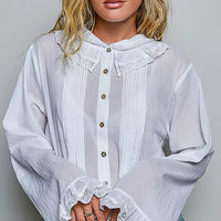Ivory lace-trim button-down shirt with pintuck front and ruffled collar placket