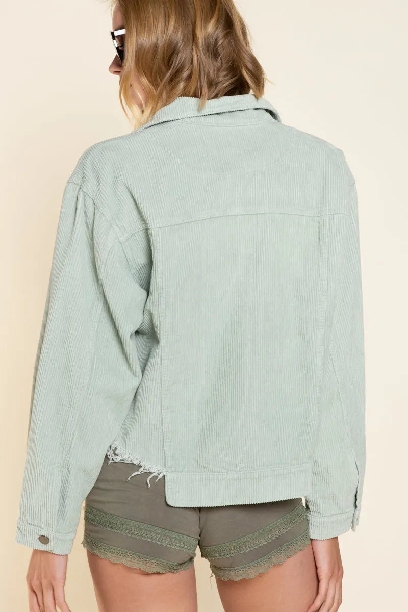 Sage corduroy trucker jacket back view with button-up yoke and frayed hem and cuffs