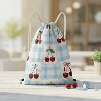 Canvas Drawstring Backpack | Personalized Blue Gingham & Cherry Mini Bag