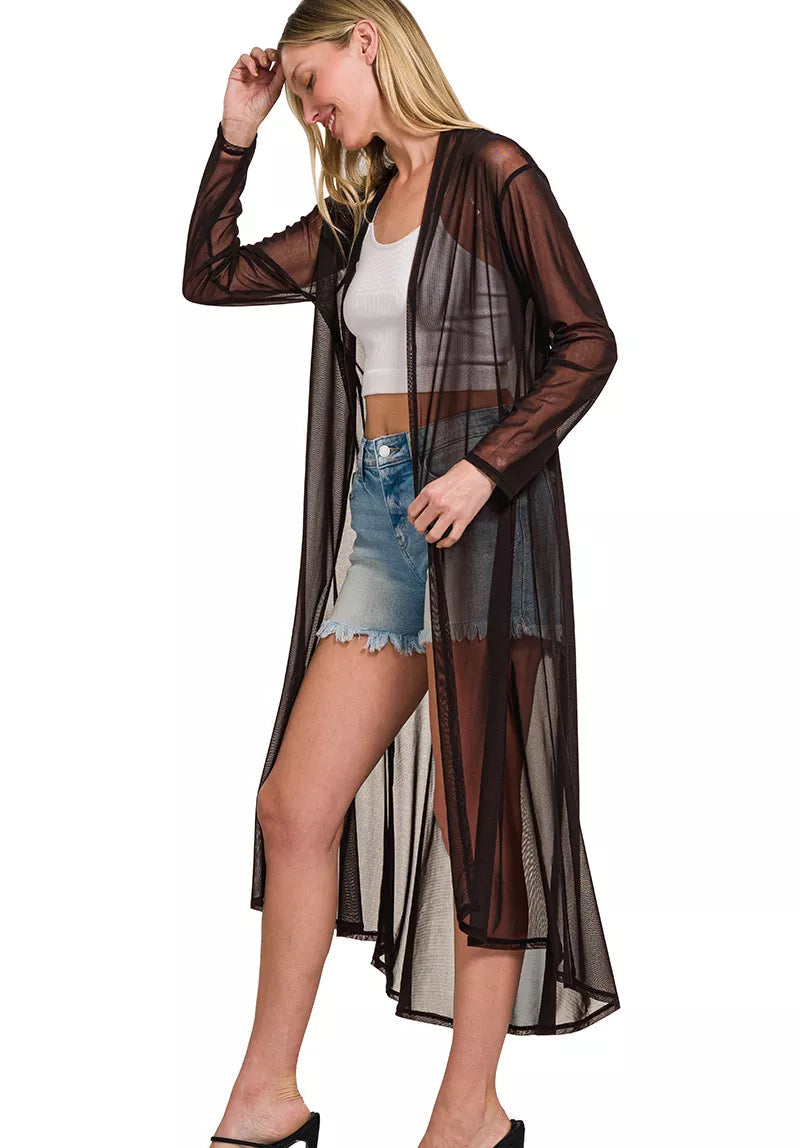 Black sheer mesh cardigan with open front and long sleeves, flowy midi hem