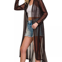 Black sheer mesh cardigan with open front and long sleeves, flowy midi hem