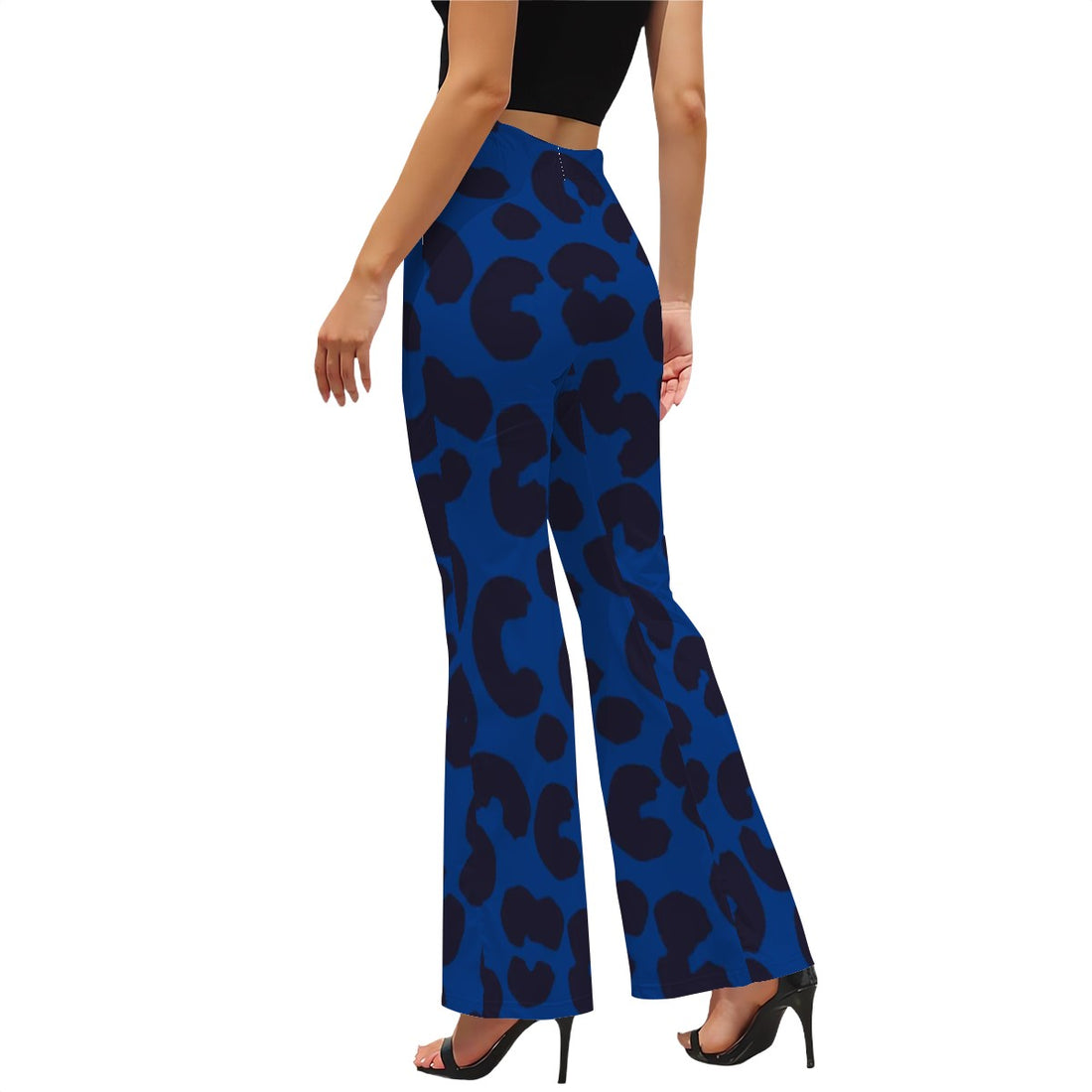 Blue Leopard Print High Waist Flared Pants Animal Print Statement Trousers