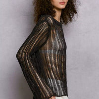 Side view charcoal openwork knit cover up with round neck and long sleeves