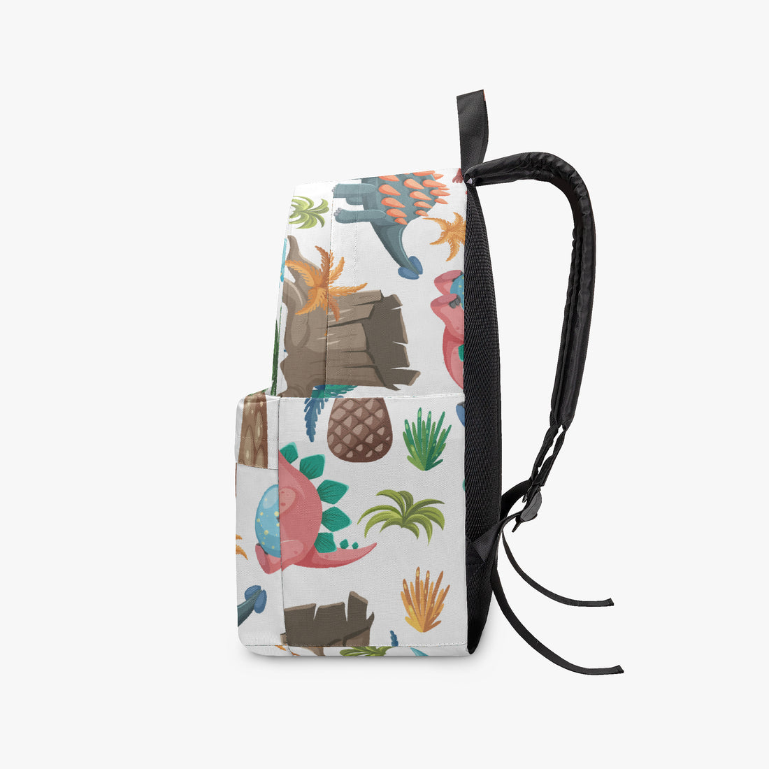 Kids dinosaur backpack side view with multicolor prehistoric print, black handle and zipper top