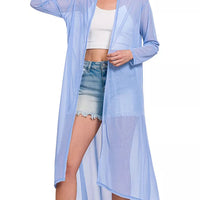Light blue mesh open-front cardigan with long sleeves, worn over a tank