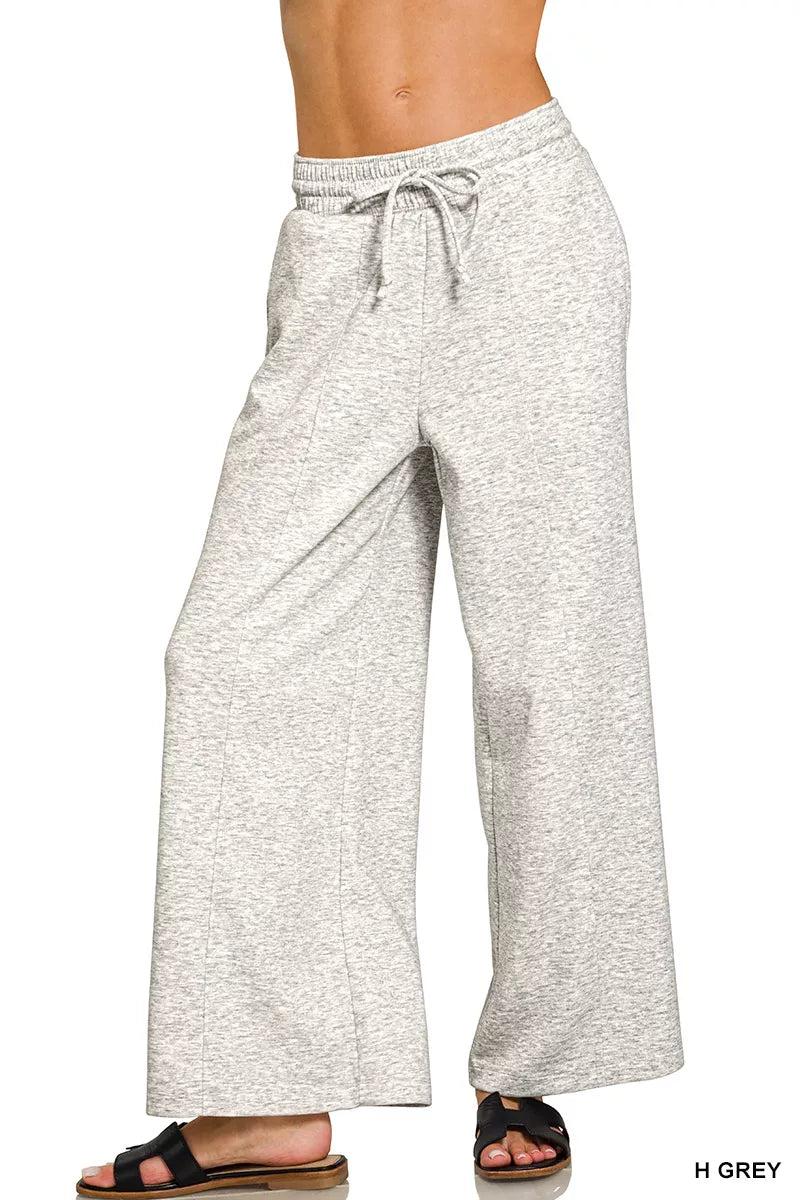 Heather grey scuba wide-leg pants with drawstring waist and elastic waistband