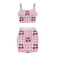 Pink and White Gingham with Cherries Co Ord Set - Women's Crop Tank Top & Mini Skirt Two-Piece