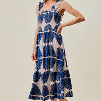 Navy abstract print tiered midi dress, smocked bodice, fitted bodice and flared skirt