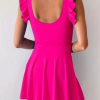Hot pink ruffled-sleeve swim dress with scooped back and gathered skirt hem